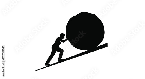Person silhouette pushes a large boulder uphill, symbolizing a difficult challenge.