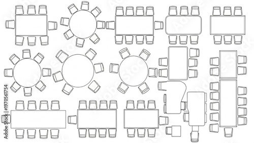 Top-down view of different table and chair arrangements for event seating