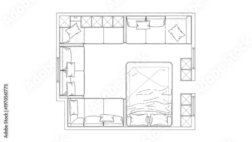 Detailed overhead blueprint of a modern studio apartment layout featuring combined living and sleeping areas with furniture placement and efficient spatial design