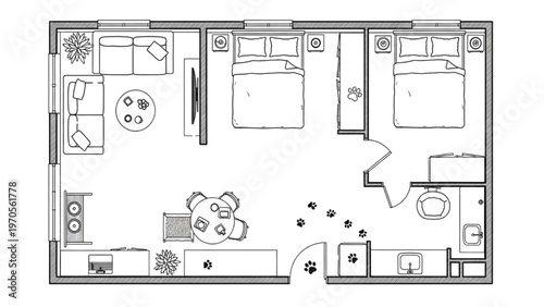 Modern Apartment Floor Plan with Two Bedrooms and Open Living Area