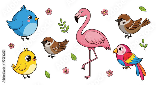 Foto Cute cartoon bird collection set featuring owls ducks sparrows and chickens vect