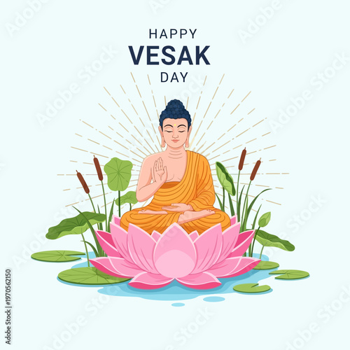 Happy Vesak Day: Buddha Meditating on Lotus Flower in Serene Water