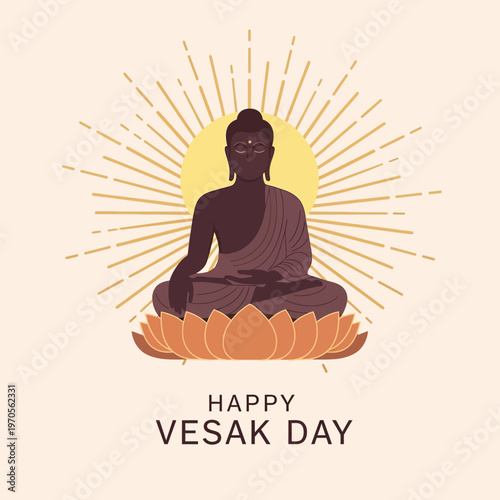Happy Vesak Day: Buddha Meditating on Lotus Flower with Sun Rays