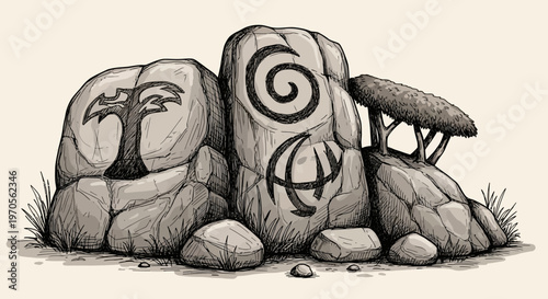 Foto Black and white cartoon illustration of alien monster zombie and ancient wooden