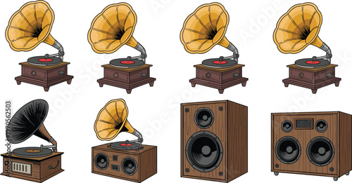 Flat Vector Illustration Set of Vintage Gramophones Retro Vinyl Record Players and Wooden Audio Speaker Cabinets for Music Lovers