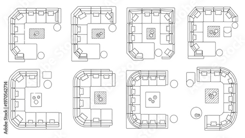 Collection of different seating arrangements and layouts of living room furniture