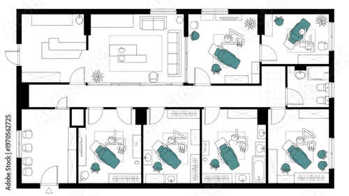 Floor plan of a dental clinic with multiple patient rooms and reception area
