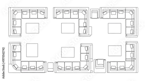 Top-down view of a modern living room furniture arrangement with sectional sofas and coffee tables