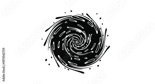 Abstract swirling vortex of black liquid with white highlights on a plain background.