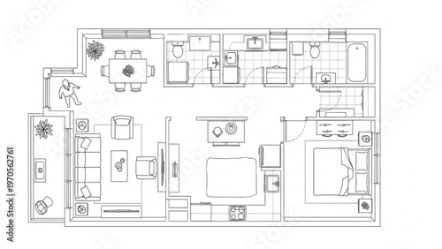 Detailed top-down architectural layout of a modern apartment with various rooms and a clean furniture arrangement