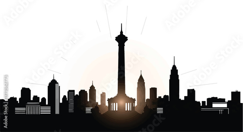 Cityscape silhouette with towering monument and surrounding buildings against a bright sky.