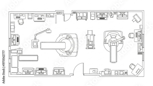 Detailed schematic floor plan of a modern medical research and diagnostic facility, illustrating advanced equipment and lab layout