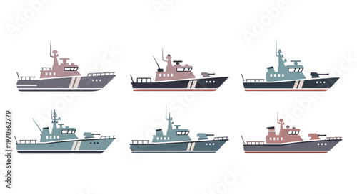 Set of Military Patrol Boat Vectors, Coast Guard Vessels, and Warships in Flat Design Style Isolated on White Background.
