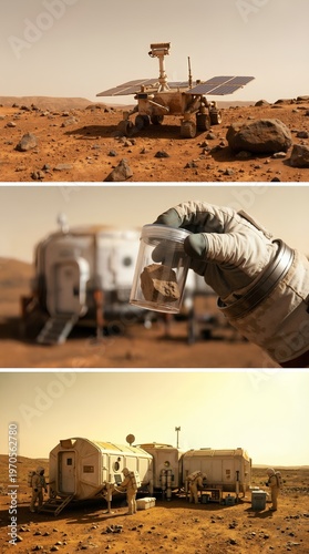 A composite image illustrating the stages of a future Mars mission, featuring a rover, an astronaut collecting a rock sample, and a modular habitat base. Generative AI.