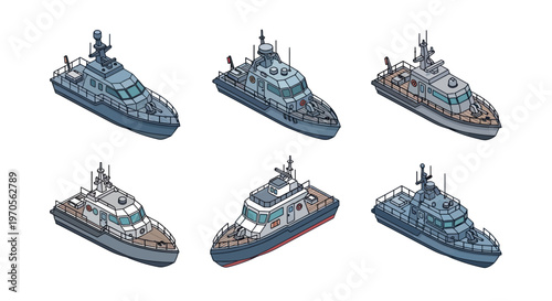 Isometric Military Patrol Boat Set, Coast Guard Vessel Vector Illustration, Navy Ship Icon Pack for Games and Infographics