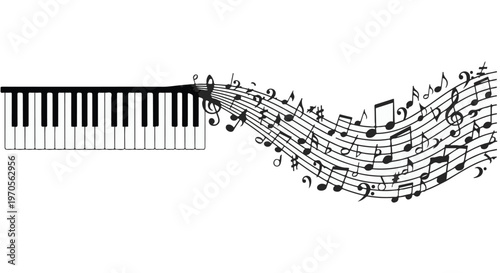 Keyboard instrument's keys transform into a flowing wave of musical notes.