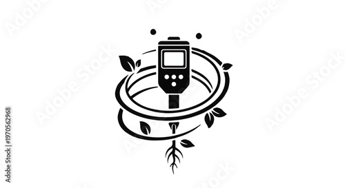 Soil moisture meter surrounded by swirling leaves on a white background for gardening.