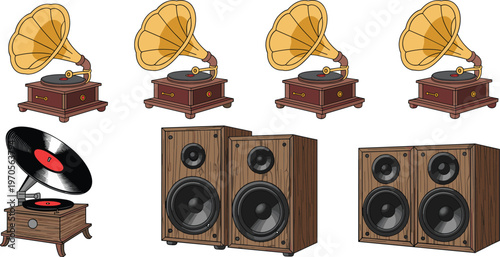 Flat Vector Illustration Set of Vintage Gramophones Retro Vinyl Record Players and Wooden Audio Speaker Cabinets for Music Lovers