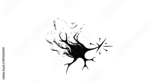 Black ink neuron illustration on a white background conveys complex neural activity and thought processes.