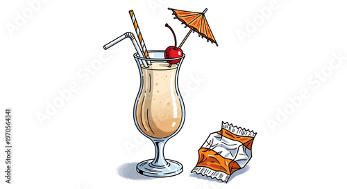 Colorful cartoon illustration of cocktail with umbrella and snacks on white background