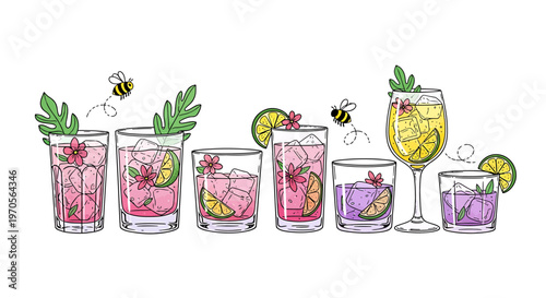 Colorful summer cocktails with flowers and lemons in glasses isolated on transparent background