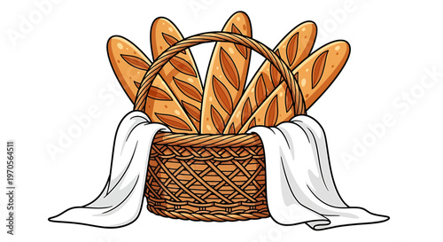 Woven basket filled with freshly baked bread sticks and white cloth draped over sides