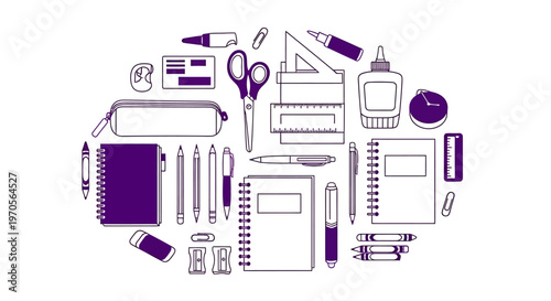 Collection of various purple school and office supplies on white background