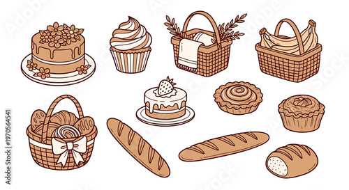 Illustration of various bakery products and baskets on white background