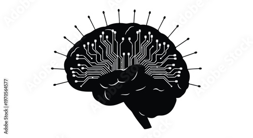 Black silhouette of a human brain with integrated circuit board pattern and radiating antenna-like lines.
