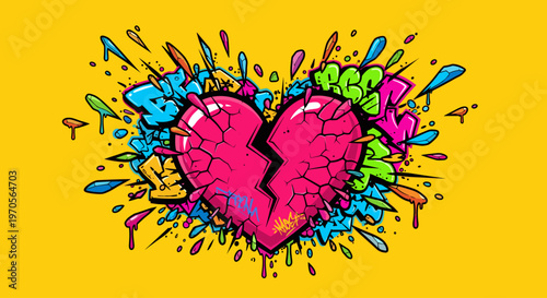 A vibrant illustration of a broken heart with graffiti elements, conveying a sense of sadness and urban style.