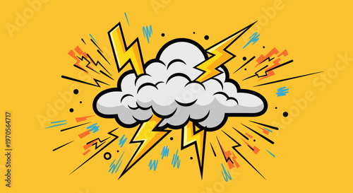 Vibrant cartoon illustration of a cloud with lightning bolts, conveying energy and excitement, perfect for marketing and advertising materials.
