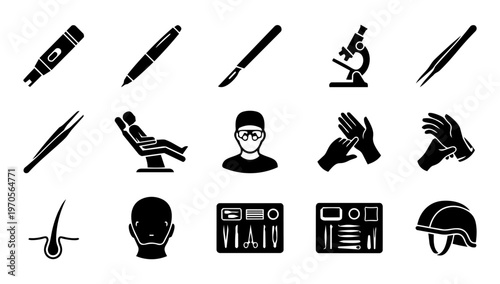 Medical Hair Treatment Icon Set – Hair Transplant, Dermatology, Tools and Clinic Silhouette Collection