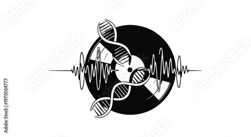 Vinyl record with DNA strands and sound waves symbolizes the intersection of music and genetics.