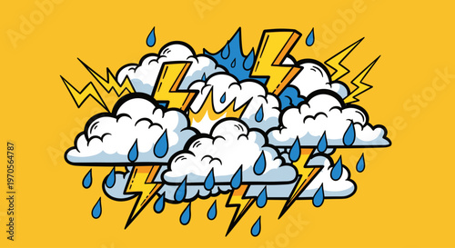 Vibrant cartoon illustration of stormy weather with clouds, lightning, and raindrops on a bright yellow background, evoking a sense of energy and turm