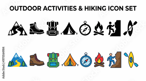 Collection of outdoor adventure and hiking icons including mountains, boots, tents, compasses, campfires, rock climbing, and kayaking