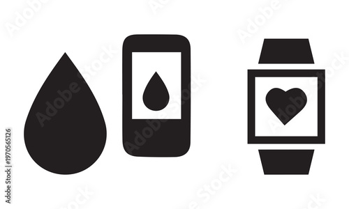 Icons representing health monitoring: water drop, smartphone with water drop, smartwatch with heart