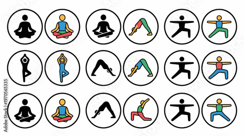 Collection of yoga poses icons in a grid on a white background representing health and wellness