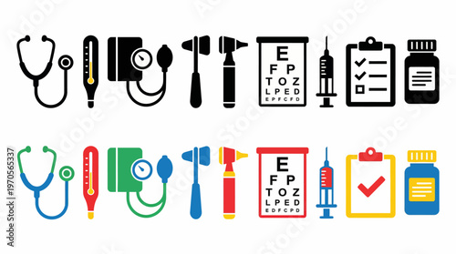 A curated collection of essential medical and healthcare tools depicted as vibrant and monochrome icons for diagnosis, treatment, and wellness communication