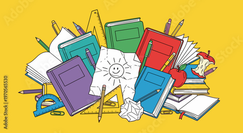 Illustration of school supplies and books in bright colors, conveying a sense of learning and creativity.