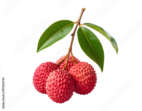 Fresh red, textured, clustered fruit with green leaves