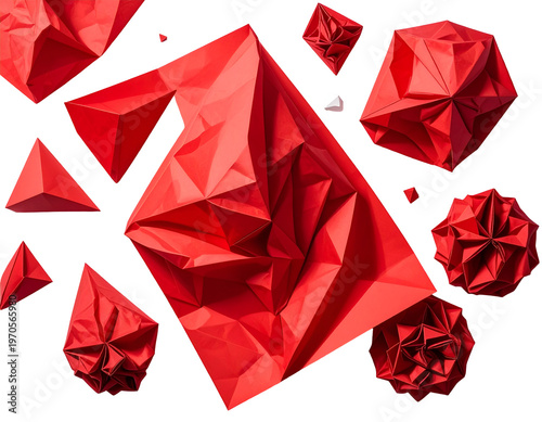 Intricate red paper shapes scattered on white