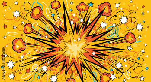 Vibrant comic book-style explosion with dynamic lines, stars, and clouds on a bright yellow background, conveying energy and excitement.