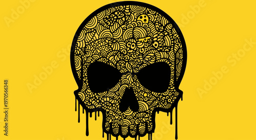 A vibrant and bold illustration of a skull with intricate patterns on a bright yellow background, conveying a sense of edginess and rebellion.