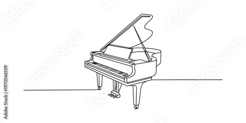 A minimalist single continuous line drawing of a grand piano isolated on a plain white background. Vector, illustration