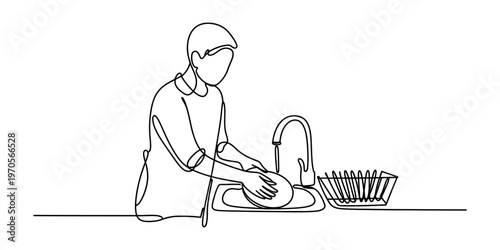 A continuous line drawing of a person washing dishes in a kitchen sink with a dish drying rack. Vector, illustration