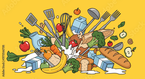 A vibrant illustration of a mix of fresh food and kitchen utensils, evoking a sense of culinary creativity and abundance.