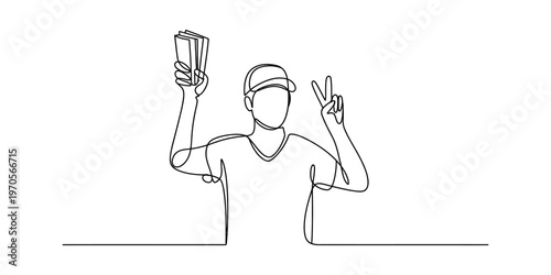 A continuous line drawing of a person wearing a cap holding money and making a peace sign gesture. Vector, illustration