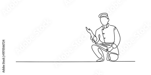 A single continuous line drawing of a professional chef crouching down and gesturing to the side. Vector, illustration