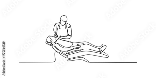 A single continuous line drawing of a dentist examining a patient in a medical dental chair set Vector, illustration