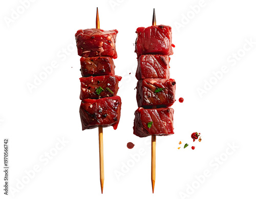 Marinated meat cubes on wooden skewers